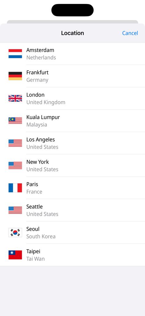 Elenco di posizioni server globali nell'interfaccia dell'app Bee VPN