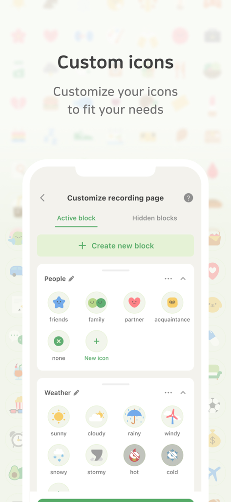 DailyBean - simplest journal - DailyBean app interface for customizing mood and activity icons within a journal entry.