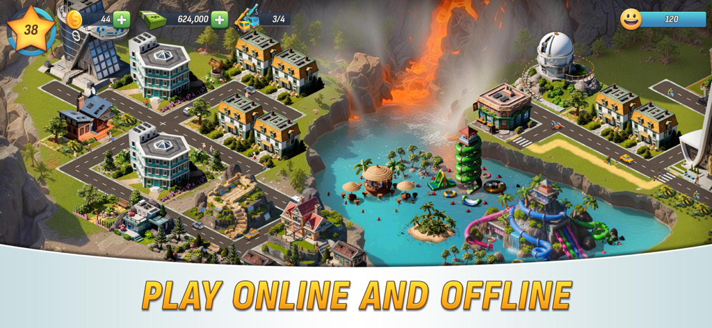 City Island: Deluxe Go Build - Gameplay screenshot of City Island Deluxe Go Build featuring a tropical city layout with a water park and volcano.