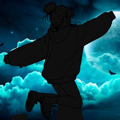 realistic girl jumping with a bun and oversized sweatshirt