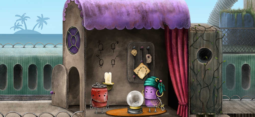 Boxville 2 - Un personnage en boîte rouge rend visite à une diseuse de bonne aventure en boîte violette dans une cabine en carton dessinée à la main.