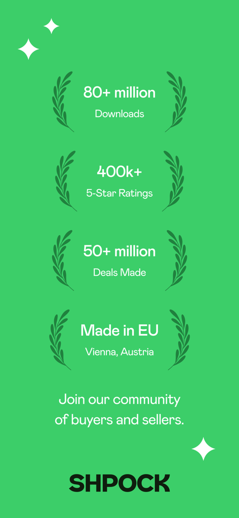 Shpock: Buy & Sell Marketplace - Estadísticas de la aplicación Shpock que muestran 80 millones de descargas, 400 mil valoraciones y 50 millones de ofertas realizadas.