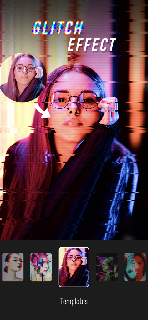 EasyArt:Photo Editor&Wallpaper - Une photo de portrait avec un effet glitch numérique appliqué à l'aide d'un modèle artistique dans l'application EasyArt.