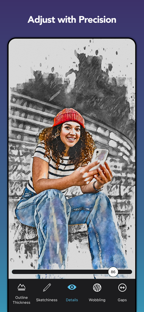 BeCasso: Photo to Painting App - Screenshot der BeCasso-App zeigt Präzisionswerkzeuge für künstlerische Mal-Effekte