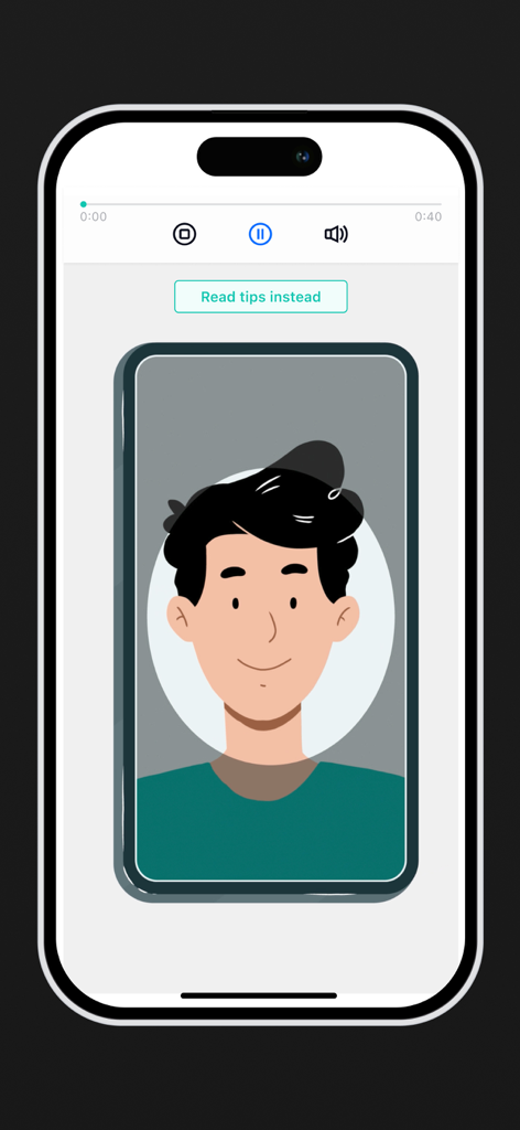 Una schermata dello smartphone che mostra un'illustrazione per un processo di verifica dell'identità tramite video selfie.