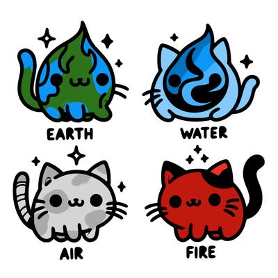 4 cats that represent the different elements, earth, water, air, and fire