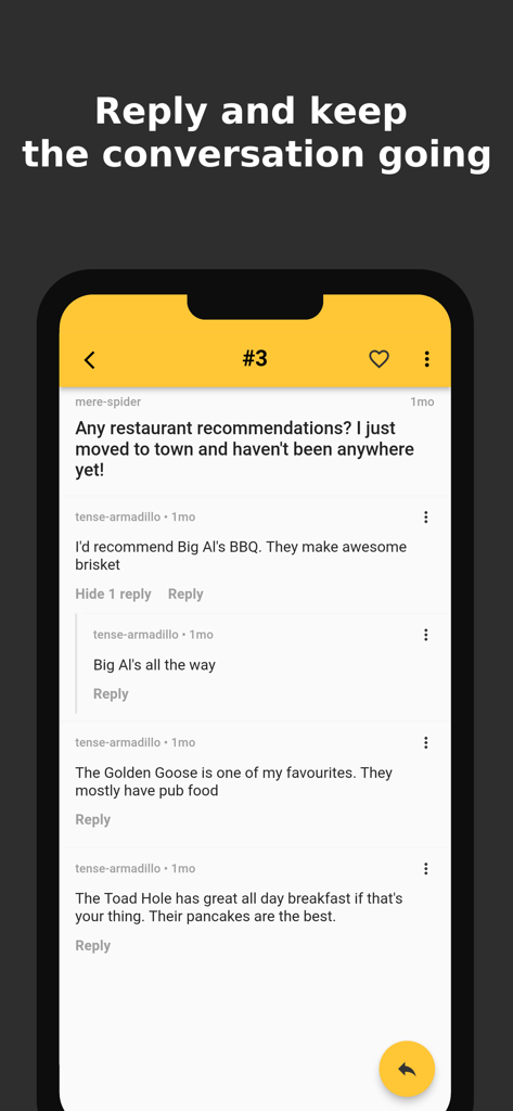 Hoot - Social Made Local - Anonymous local conversation thread showing users replying with restaurant recommendations in the Hoot app.