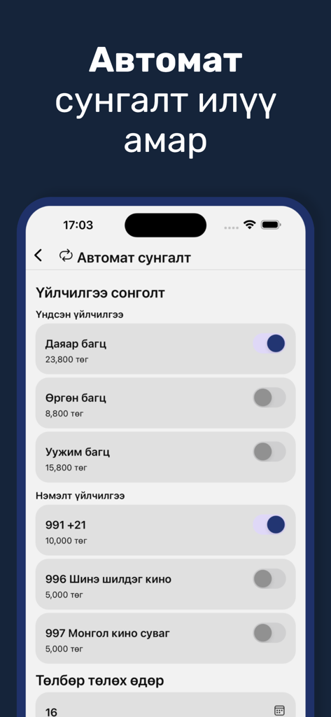 MONGOLSAT - Interface de l'application Mongolsat affichant les options de renouvellement automatique pour les forfaits de télévision et d'internet par satellite