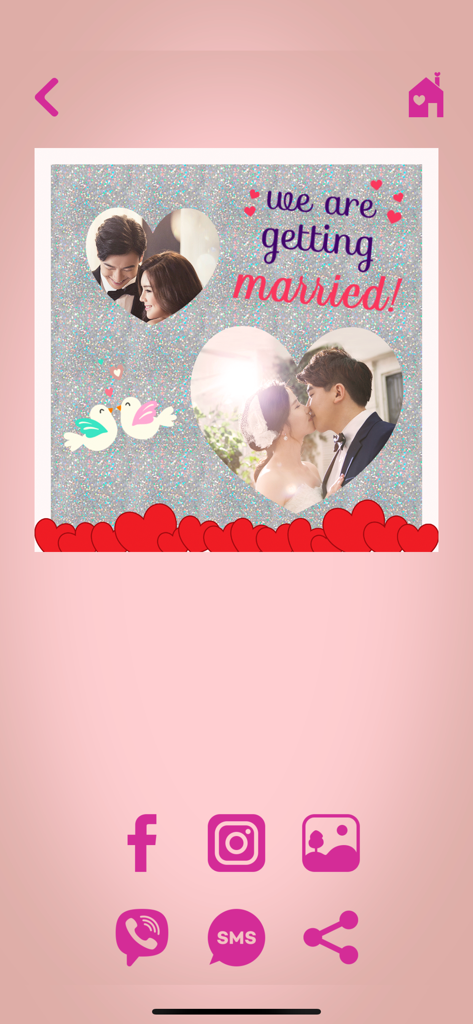 Love Pic - Photo Collage Maker - Hochzeits-Fotocollage mit herzförmigen Rahmen und Social-Media-Share-Buttons