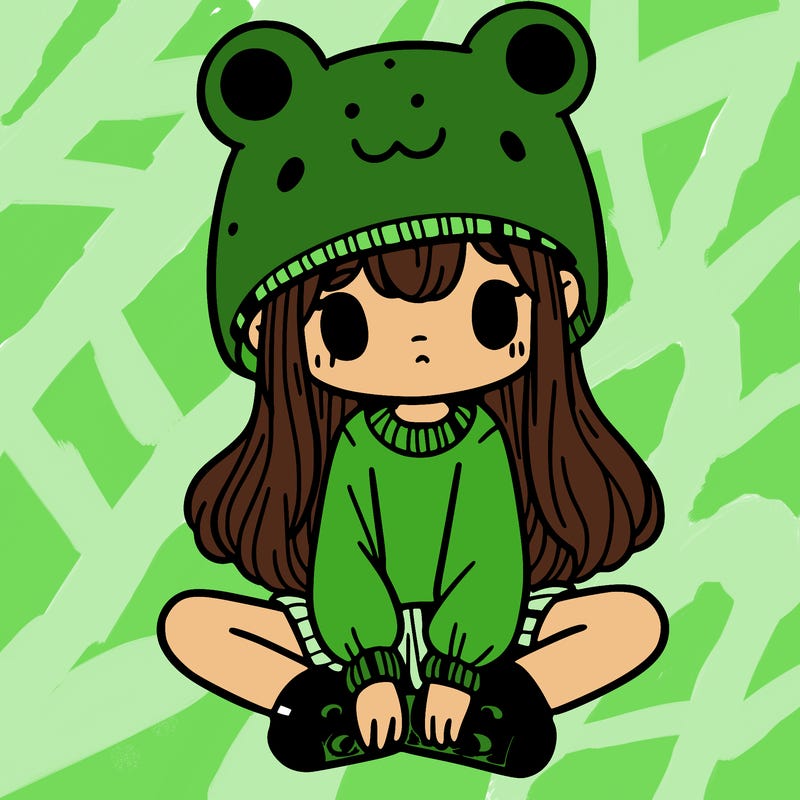 a girl wearing a frog hat and some frog socks