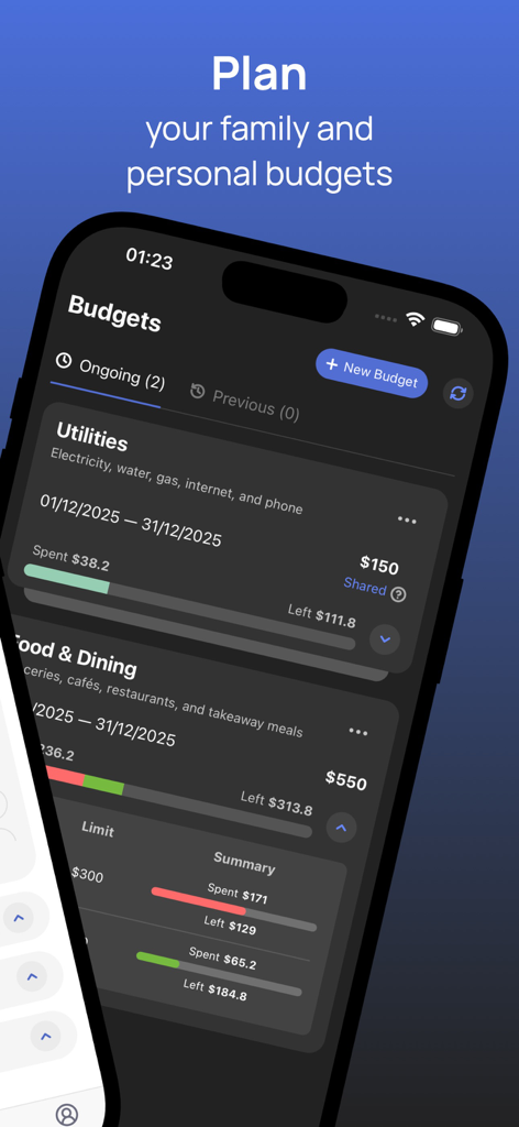 Budget Sync: Shared Expenses - Mobile app screen displaying shared budget categories and spending progress bars for family expenses