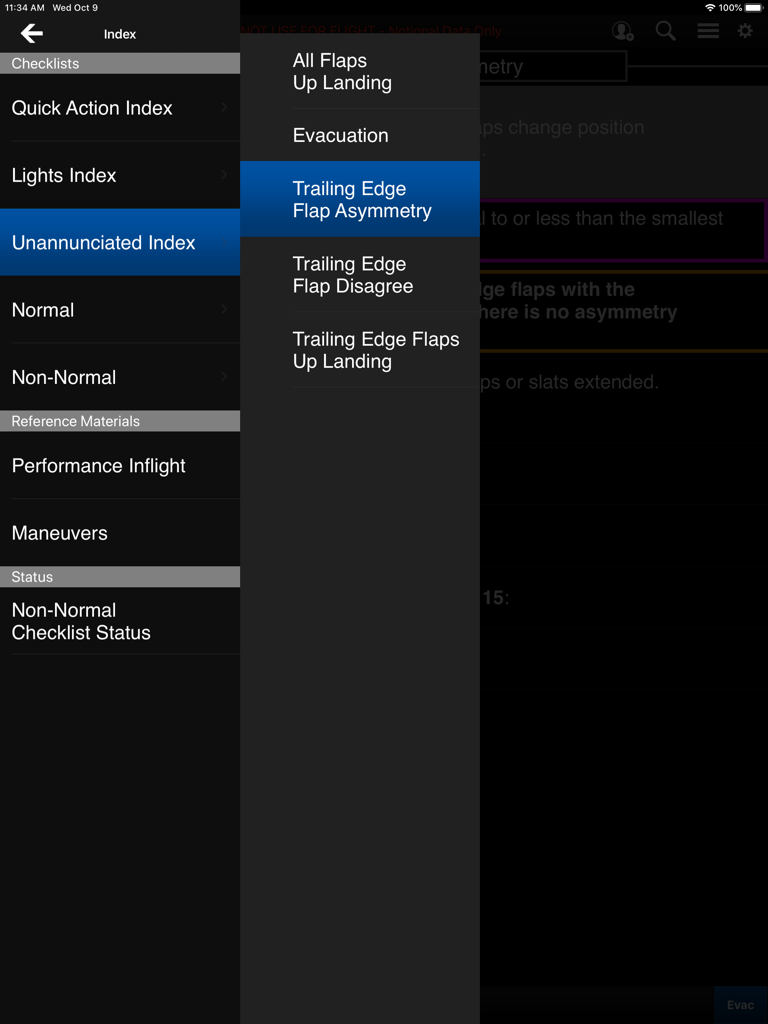 Boeing Interactive QRH app interface showing the unannunciated checklist index and navigation menu