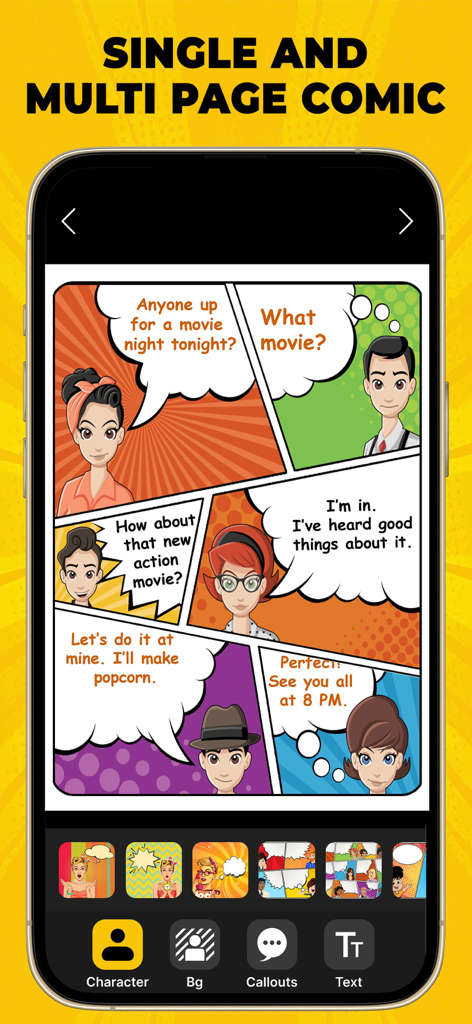 A smartphone screen displaying a multi-panel comic strip being edited with characters and speech bubbles in the Comic Cartoon Story Maker app.