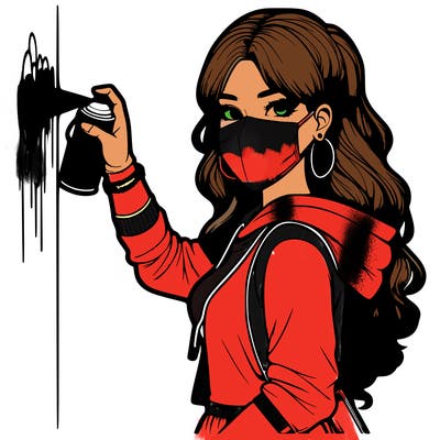 realistic girl with mask spray painting a wall