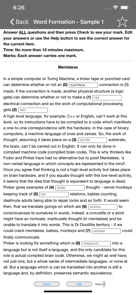 Cambridge Proficiency C2 Prep - Cambridge Proficiency C2 Prep app screen showing a word formation exercise for exam preparation with a gap fill task