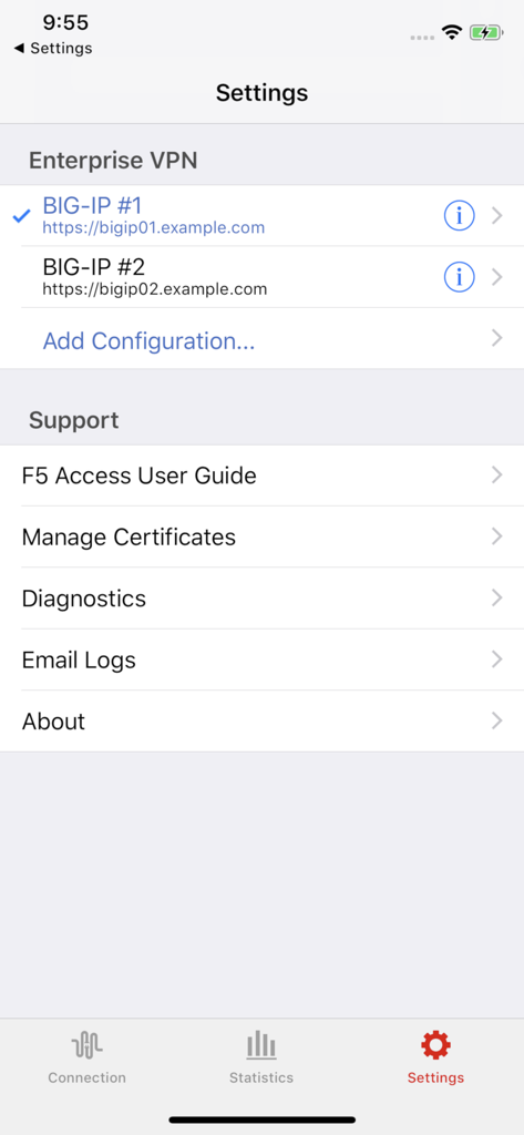 F5 Access - Écran des paramètres de l'application F5 Access affichant les configurations VPN d'entreprise et le menu de support.