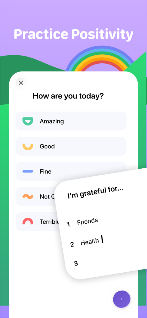 Interfaz de la aplicación Halo que muestra un rastreador de estado de ánimo diario y indicaciones de lista de gratitud