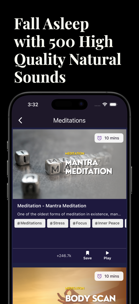 Rain Sleep Sounds & Meditation - Interface of the Rain Sleep Sounds app showing mantra meditation and body scan tracks with category tags for stress and focus.