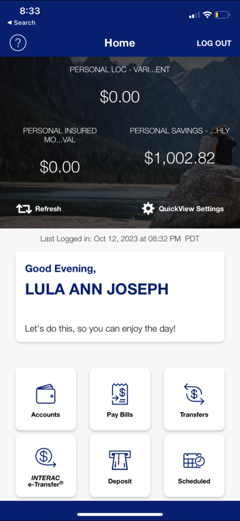 Bayview Credit Union - Dashboard der mobilen App von Bayview Credit Union mit Kontoständen und Schnellauswahl für Rechnungszahlungen und Überweisungen