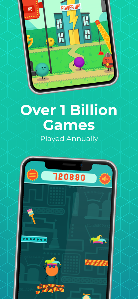 ABCya Games: Kids Learning App - Dos teléfonos inteligentes que muestran juegos educativos de la aplicación ABCya con texto que destaca más de mil millones de juegos jugados anualmente.