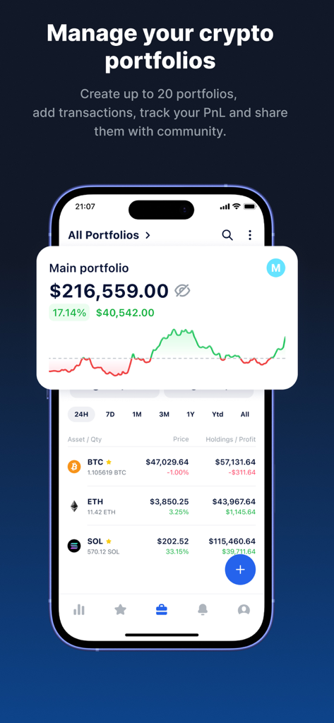 DropsTab Crypto Tracker - Captura de pantalla de la aplicación DropsTab que muestra una descripción general del portafolio de criptomonedas con saldo total, gráfico de ganancias y pérdidas, y una lista de activos como BTC, ETH y SOL.