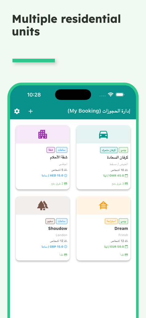 My Booking - A mobile app interface for My Booking showing a dashboard with multiple managed rental units including apartments and caravans