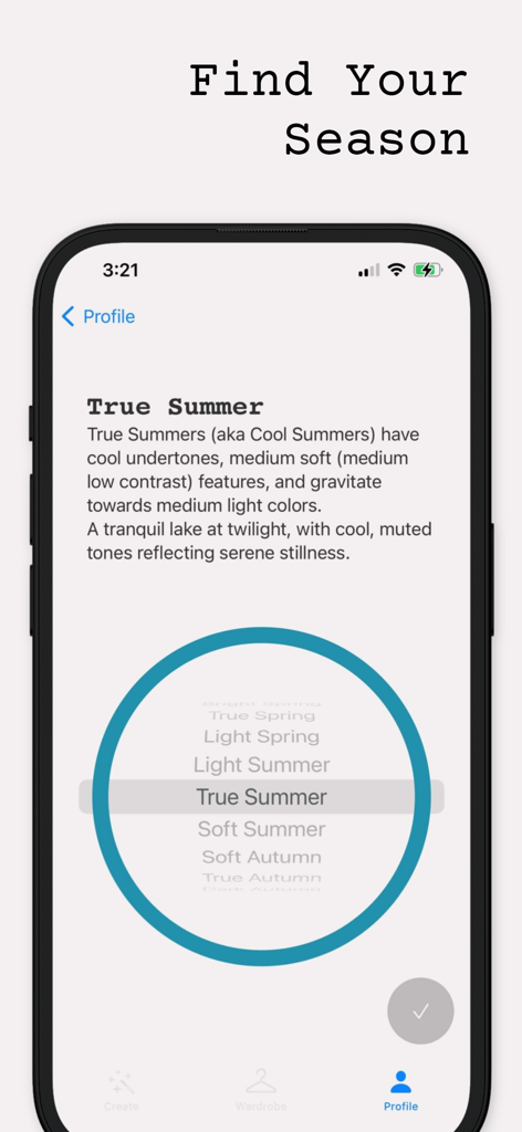 Hue IQ | Color Analysis - Hue IQアプリのインターフェースに、True Summer（トゥルーサマー）のカラーシーズンプロファイルと詳細な説明が表示されている