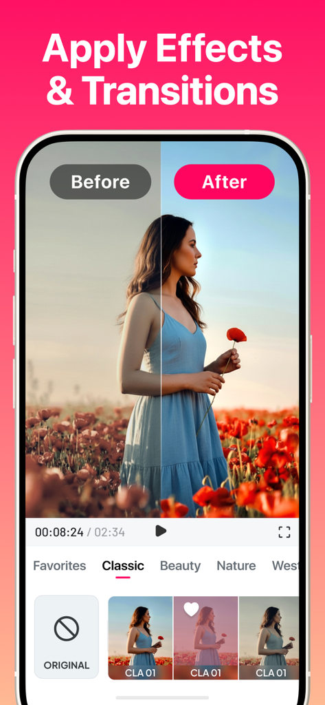 Before and after comparison showing a classic photo filter applied to a portrait in the SlideShow Maker app