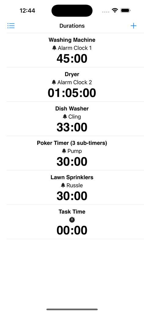 가사 및 작업에 대한 다양한 맞춤형 타이머 목록을 표시하는 Durations 앱 인터페이스