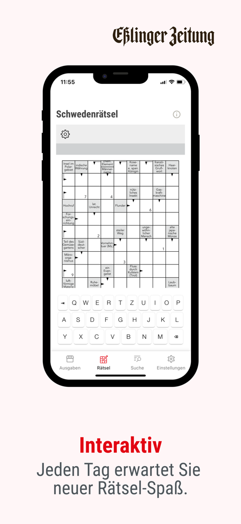 Eßlinger Zeitung E-Paper - Interaktives Kreuzworträtsel-Feature in der mobilen Eßlinger Zeitung E-Paper-App.
