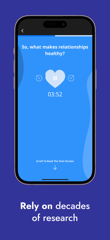 Smartphone screen of Lasting app displaying an audio lesson on healthy relationships based on research