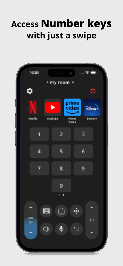 Teclado numérico y atajos de aplicaciones de streaming en la aplicación Mando para Android TV en iPhone