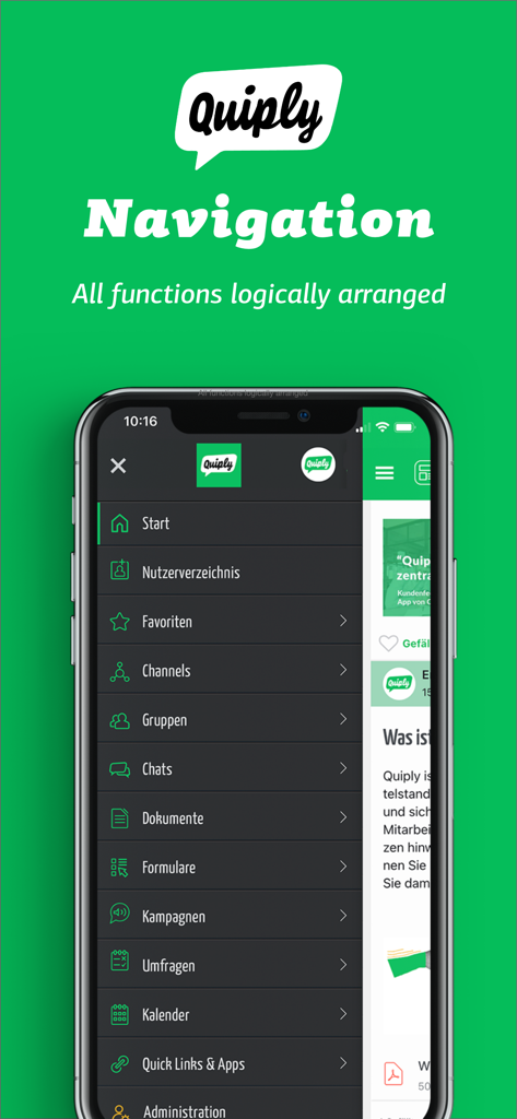 Quiply employee app navigation menu showing features like chats documents and calendar