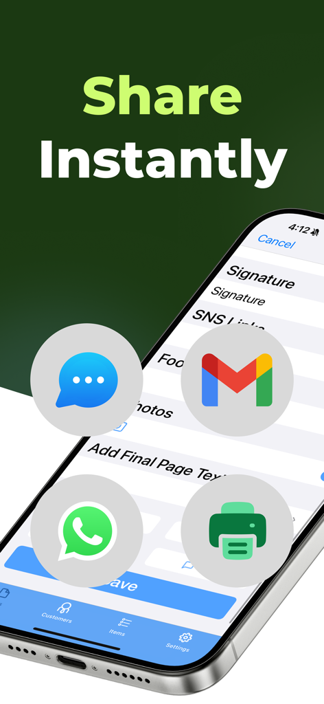 Purchase Order Maker - PO app - Mobile app screen showing options to share purchase orders instantly via email messaging and wireless printing