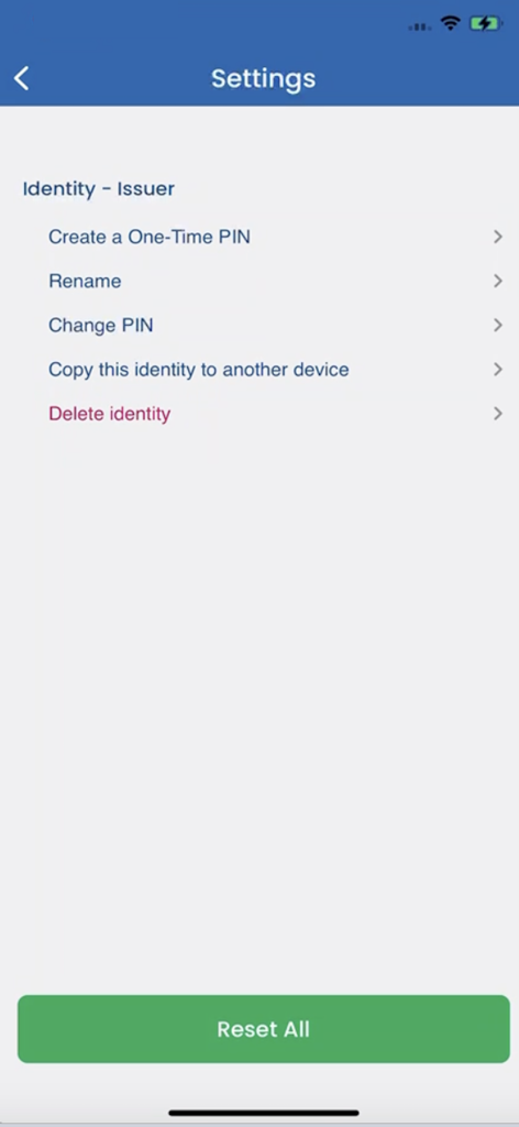 OB Authenticator - Tela de configurações do aplicativo OB Authenticator mostrando opções para criar um PIN de uso único, renomear identidade e alterar PIN.