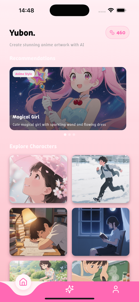 Yubon - Schermata principale dell'app mobile Yubon con stili di personaggi anime generati dall'AI e consigli creativi