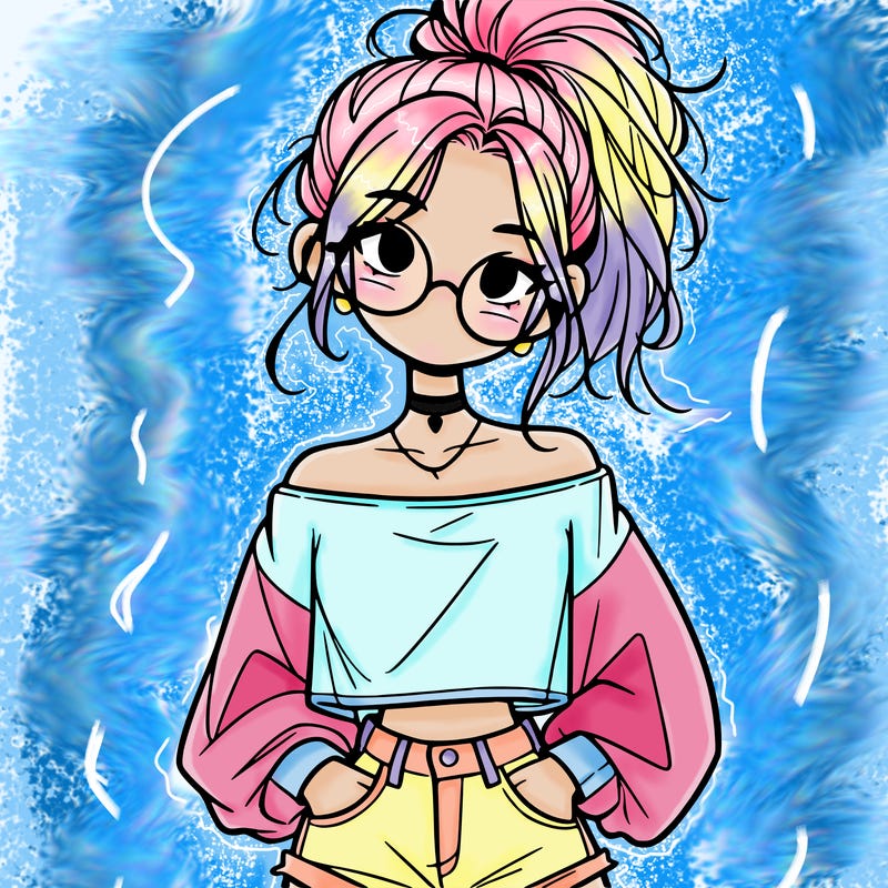 girl with a messy ponytail glasses a baggy crop top and jean shorts