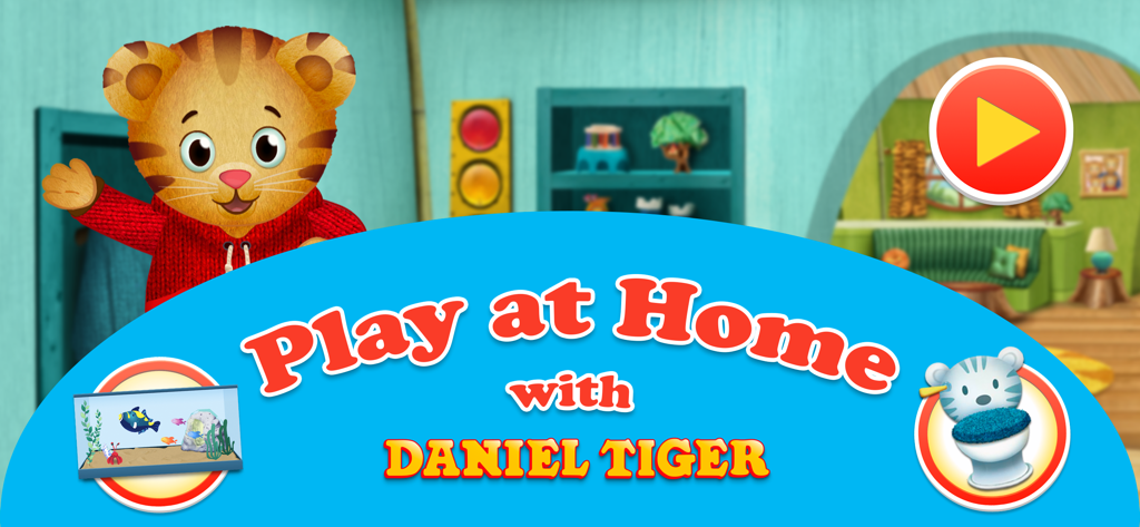 Daniel Tiger’s Play at Home - Daniel Tiger saludando en la pantalla de inicio de la aplicación Play at Home con un botón de reproducción y iconos de minijuegos.