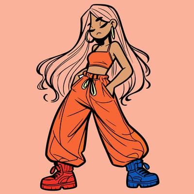 girl in baggy pants crop top and long hair