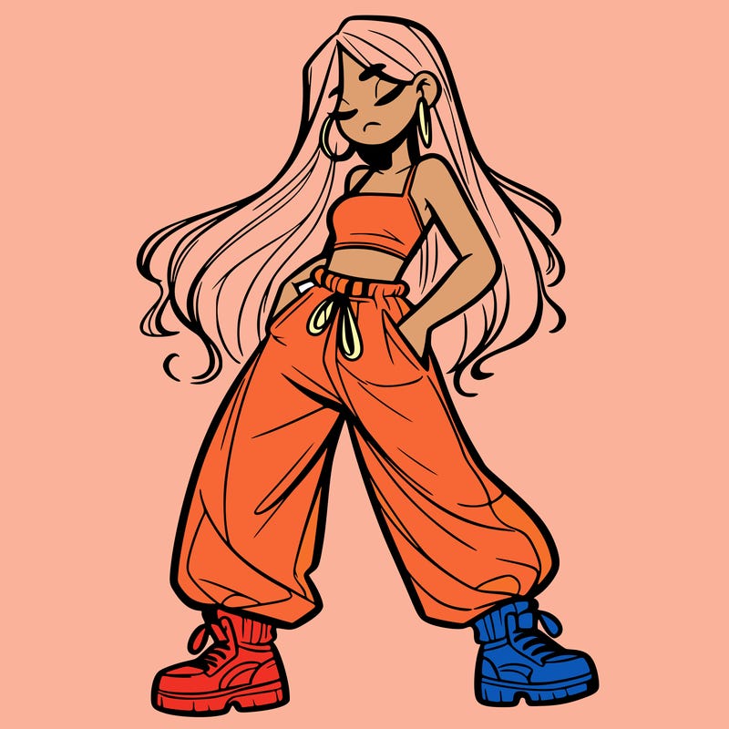 girl in baggy pants crop top and long hair