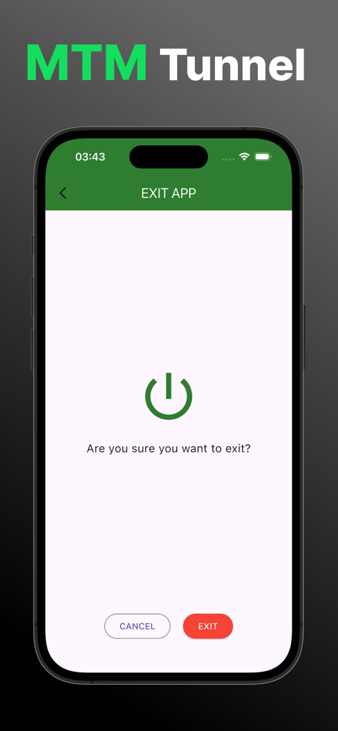 A mobile screen showing an exit confirmation prompt in the MTM Tunnel Lite app with cancel and exit buttons.