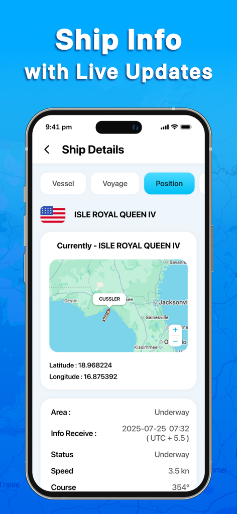 Ship Tracker - Marine Radar - Pantalla móvil mostrando detalles de la posición en vivo del barco y datos de navegación en un mapa