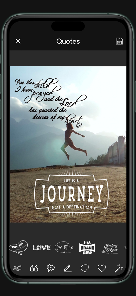 A mobile phone displaying the Font Candy Style app with aesthetic text and quotes overlaid on a scenic photo of a woman jumping