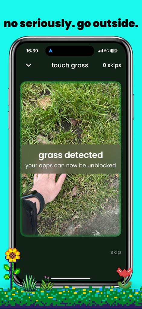 touch grass: screen time limit - Touch Grass app screenshot showing the grass detected message after a user takes a photo of actual grass to unblock their phone apps