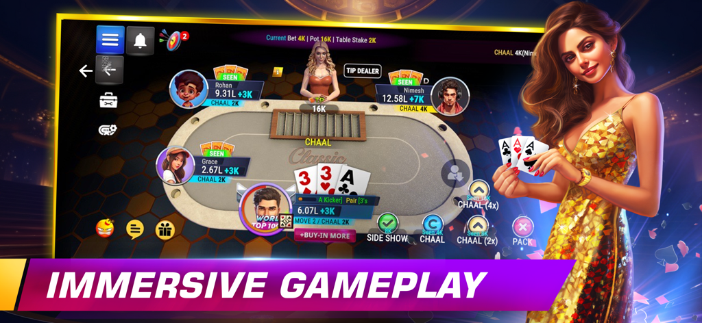 Una mesa virtual de juego de cartas Teen Patti con avatares multijugador y una mujer glamorosa sosteniendo tres ases