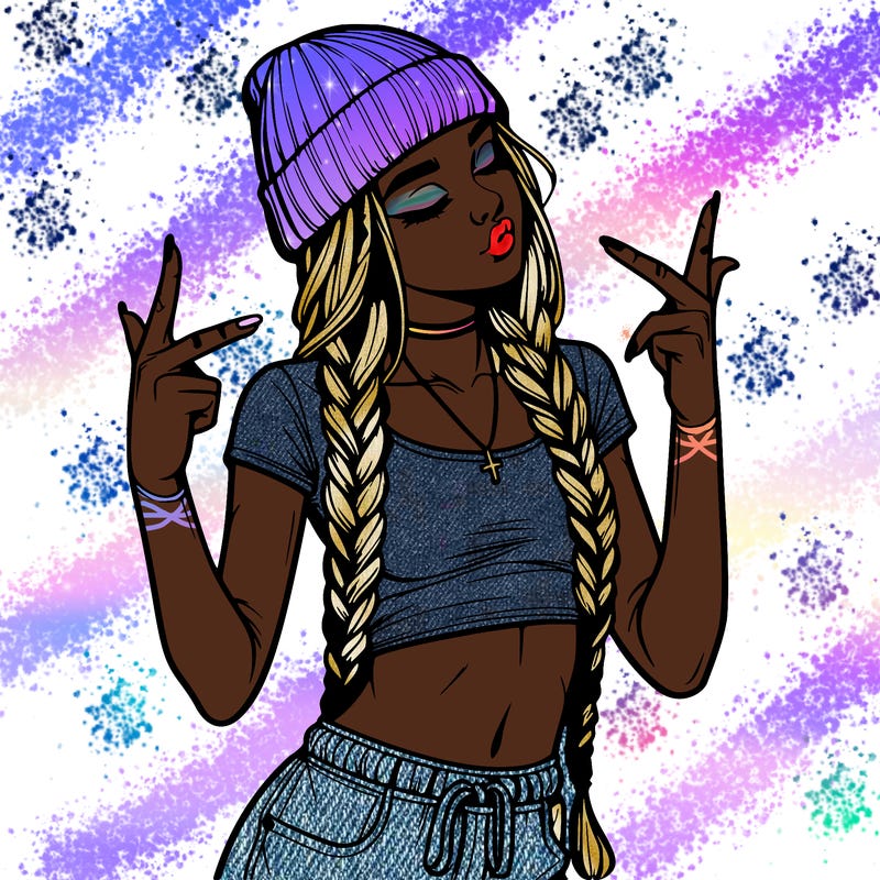 realistic teenage girl with braids and a beanie and crop top doing 🫶🏼