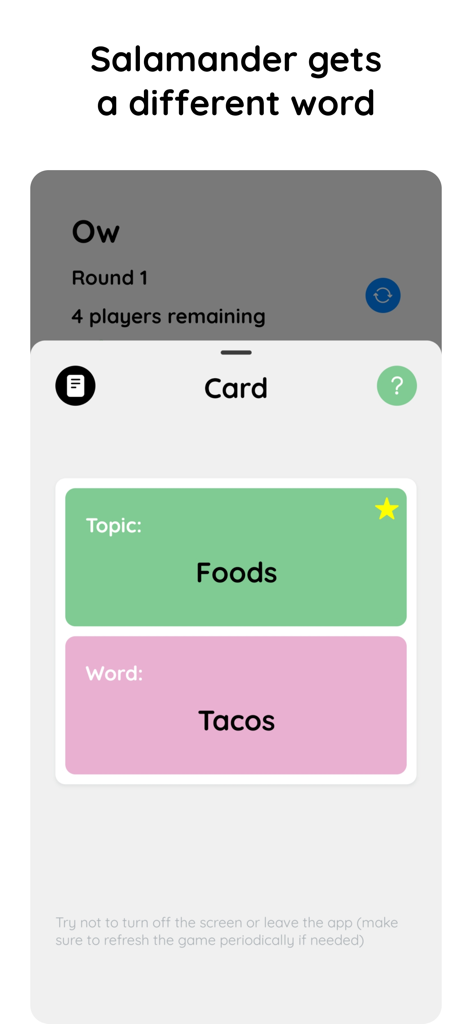 Interface of the Chameleon game showing the Salamander role with the topic Foods and the word Tacos.