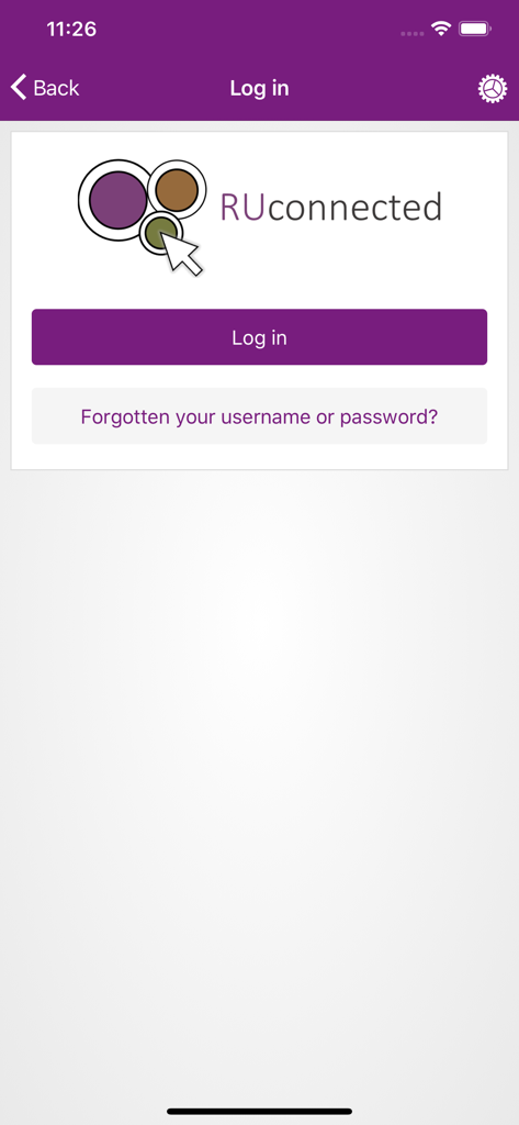 RUconnected - Login screen of the RUconnected mobile app featuring the Rhodes University learning management system logo and login button.