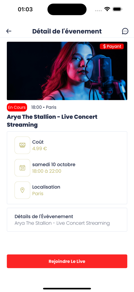 Vivastream - Vivastream mobile app screen showing event details for a live concert streaming event