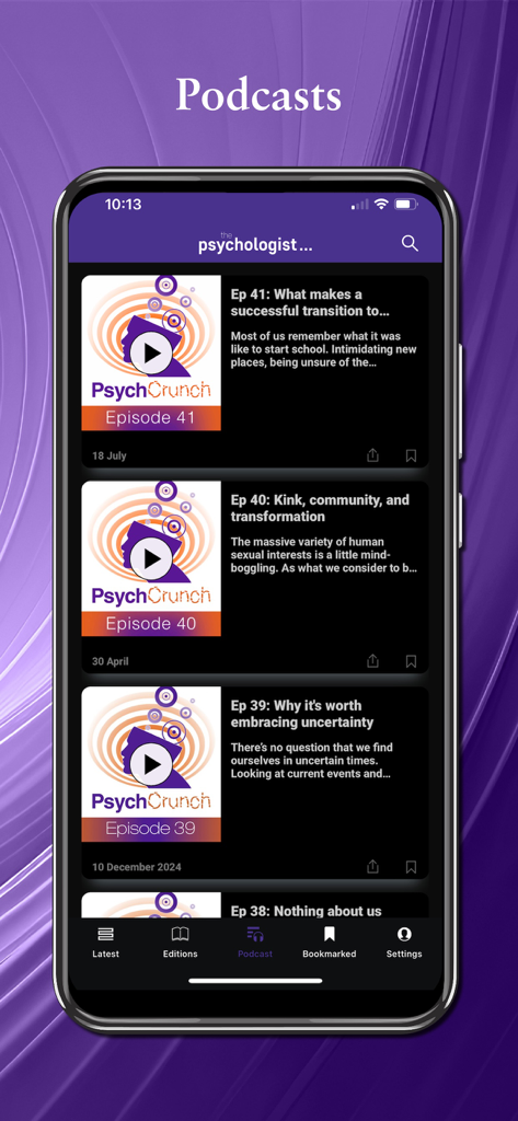 The Psychologist - Podcast section of The Psychologist app displaying a list of PsychCrunch episodes on psychology topics.